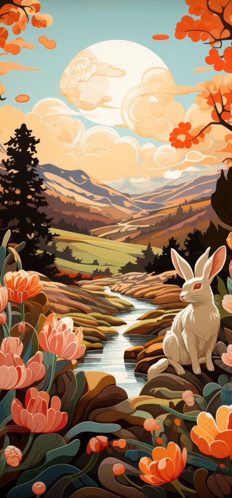 Illustration of a white rabbit sitting by a stream surrounded by flowers and mountains under a full moon.
