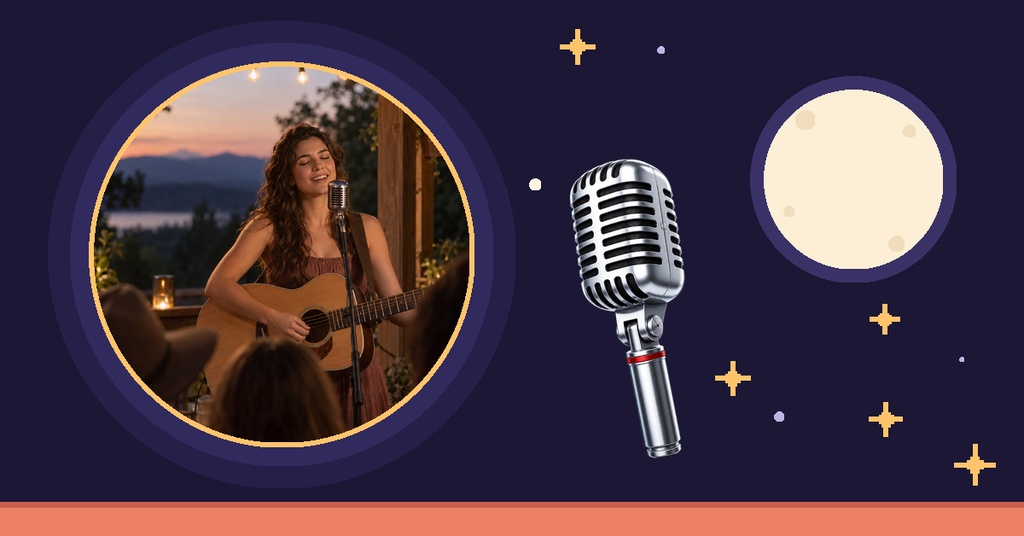 Singer playing guitar beside a vintage microphone on a starry purple event cover background