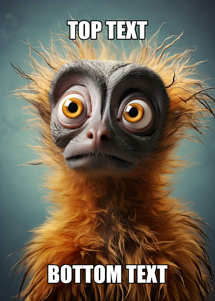 A digitally created image of a shocked creature with large eyes and fluffy fur, labeled 'TOP TEXT' and 'BOTTOM TEXT' for customization.