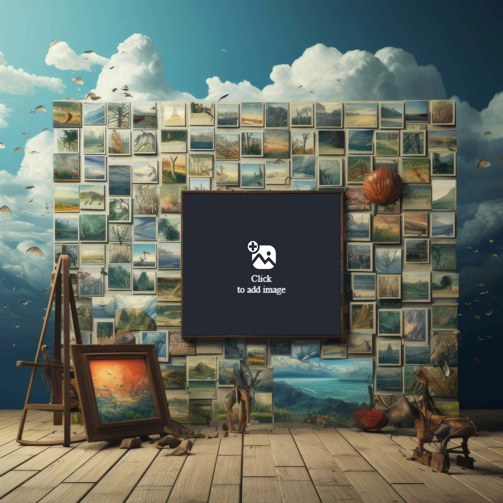 An artist's workspace featuring a blank canvas on a wall covered in landscape paintings, with an easel and art supplies nearby.