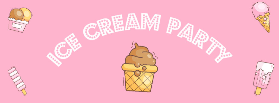 Ice cream party illustration with various ice cream cones and a waffle cone