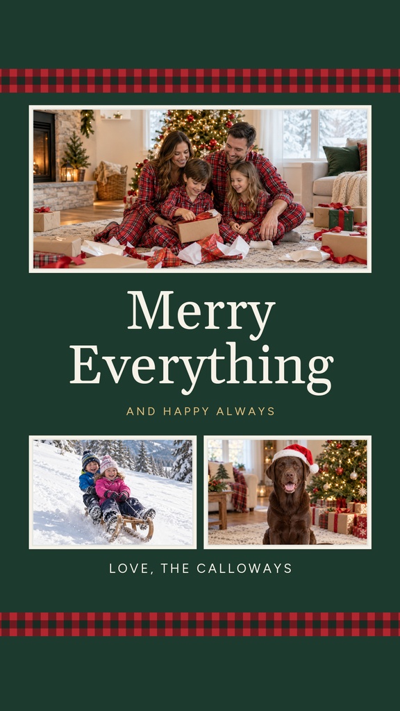 Holiday story template with family photos, green background, and Merry Everything text