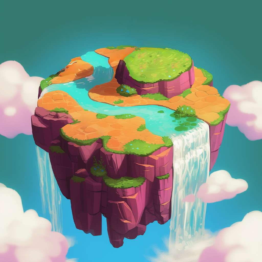 A colorful, cartoon-style illustration of a floating island with a lake and waterfalls.