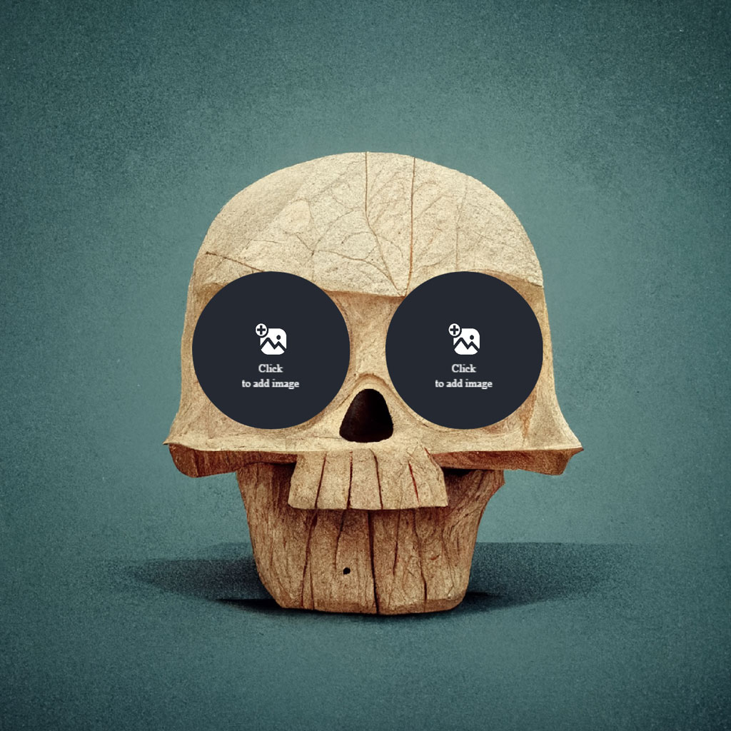 A wooden skull with cracked texture and black circular placeholders for eyes.