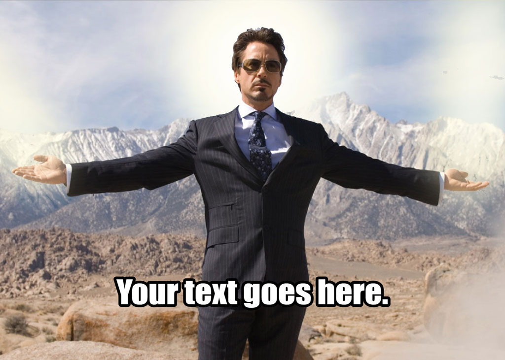 Tony Stark in a suit flying with his arms outstretched in a desert landscape