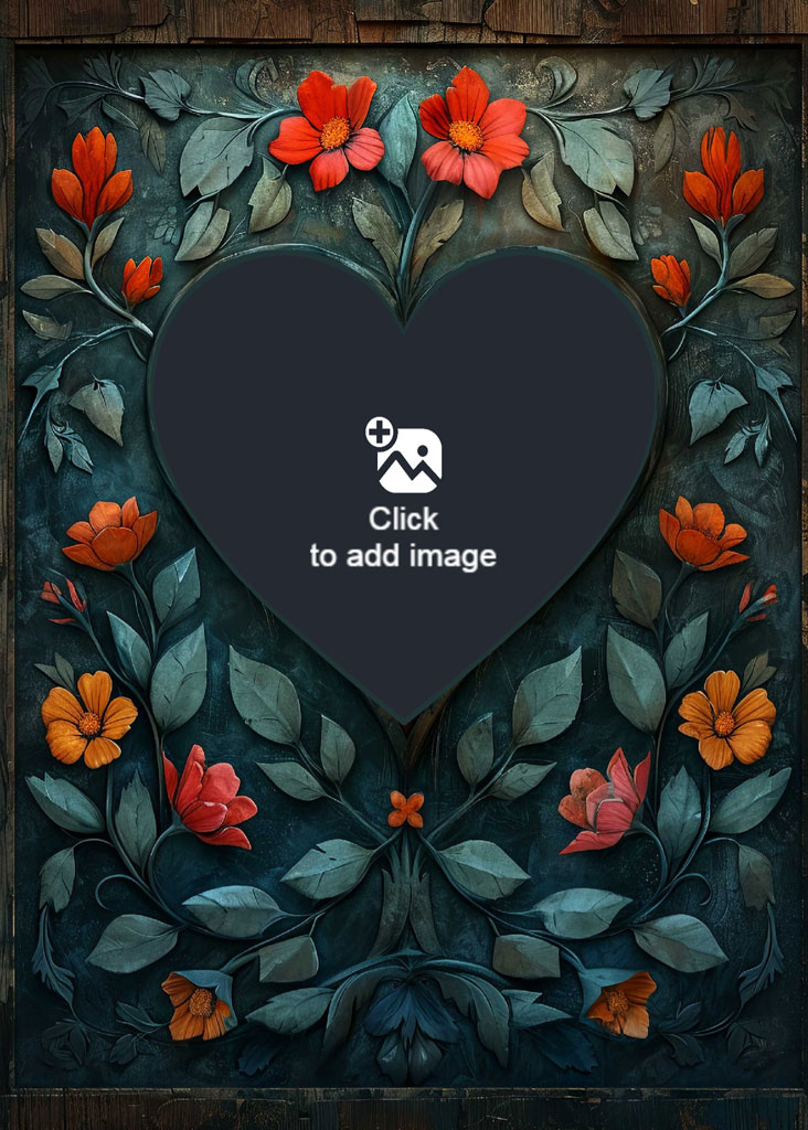 A heart-shaped frame with red and orange flowers and green leaves around it