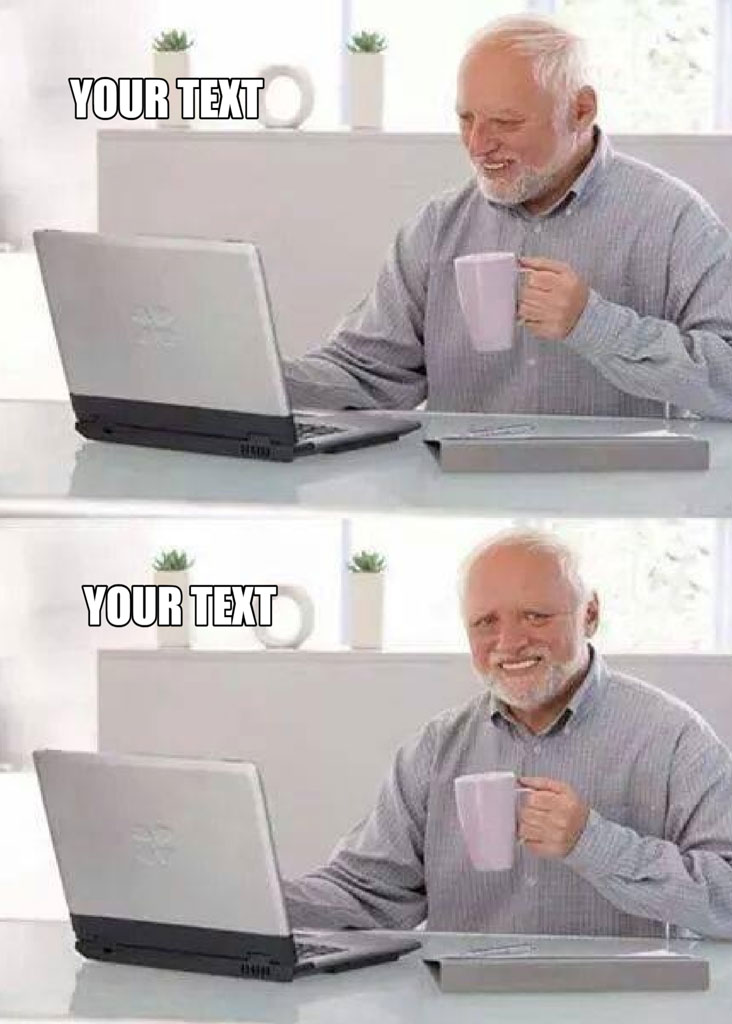 Two-panel meme featuring an elderly man with a laptop and coffee mug