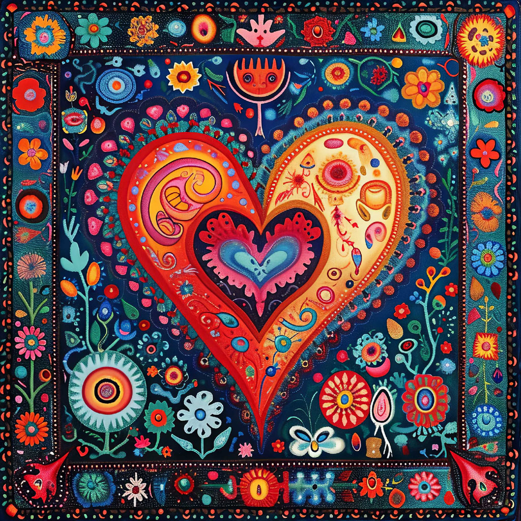A vibrant tapestry featuring a large heart surrounded by flowers and foliage