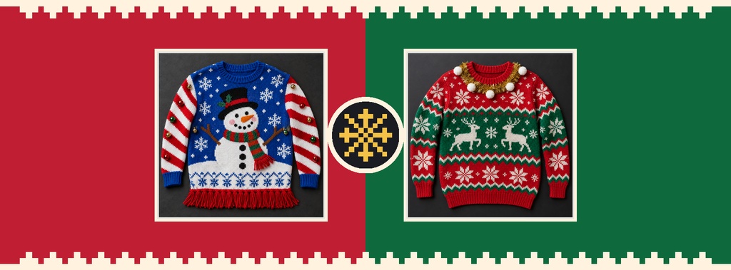 Two colorful ugly Christmas sweaters on red and green holiday panels.