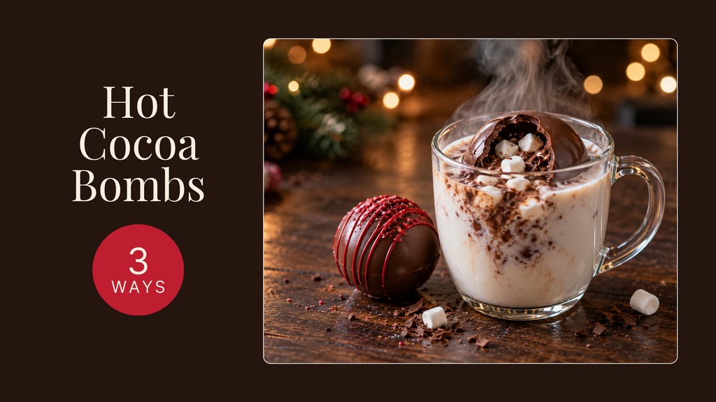 YouTube thumbnail with hot cocoa bombs text and a mug of cocoa bombs on a festive table