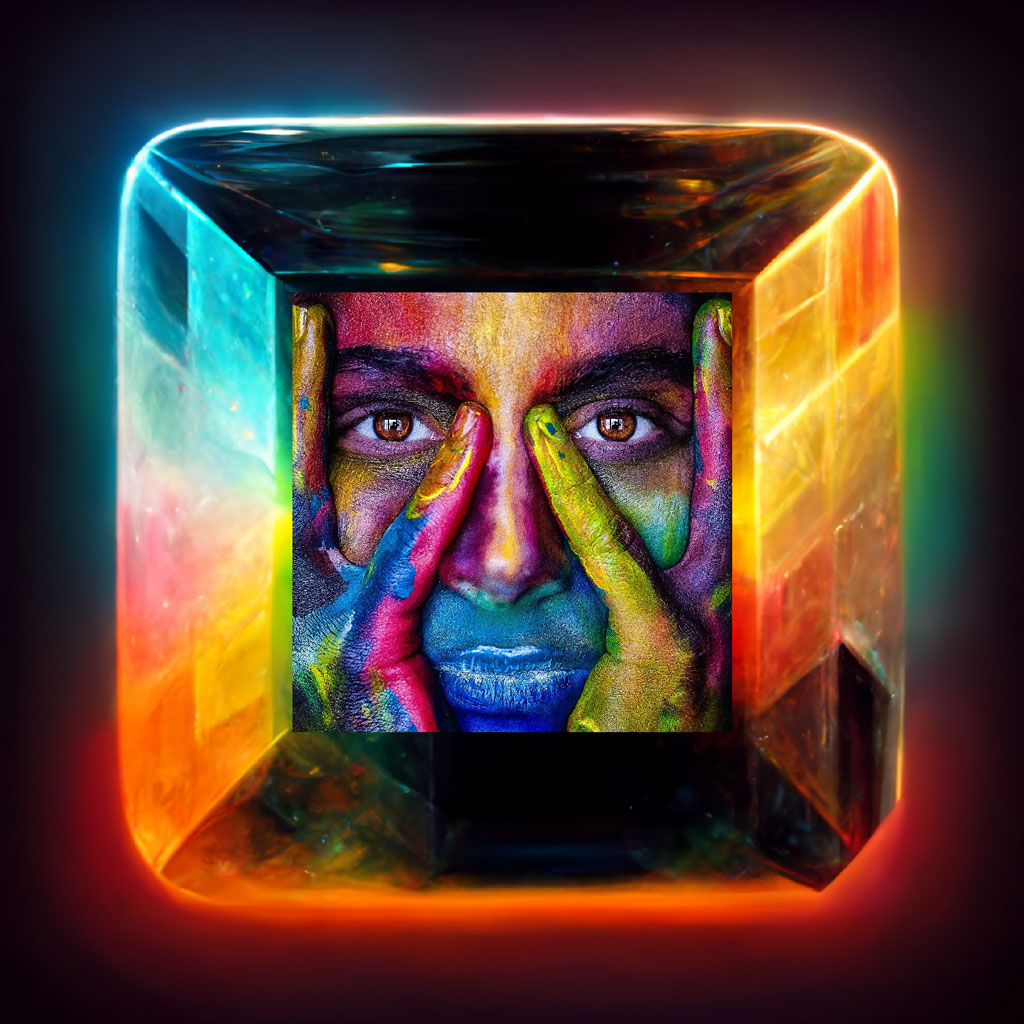 A man's face painted with vibrant colors inside a glowing cube