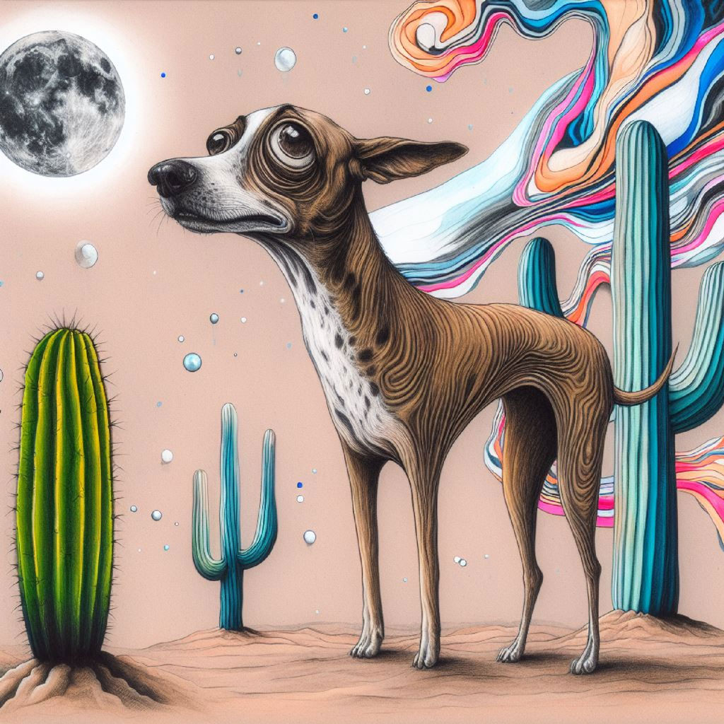 Illustration of a brown and white dog in a desert with cacti and a full moon