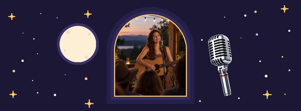 Starry night cover with a framed singer and guitar, moon, and microphone on a dark purple background