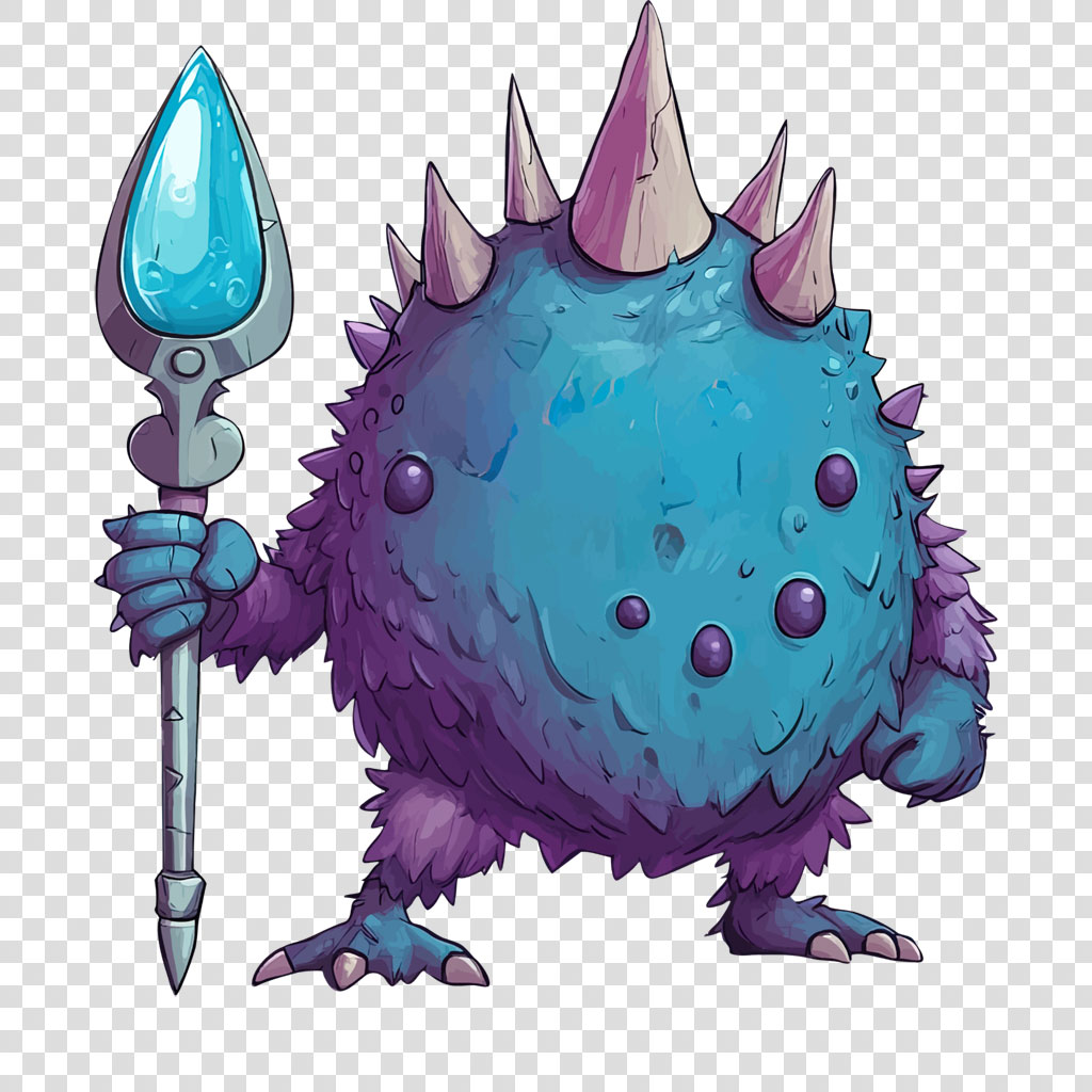 A cartoon monster with a blue and purple body, spikes, and a staff with a blue gem.