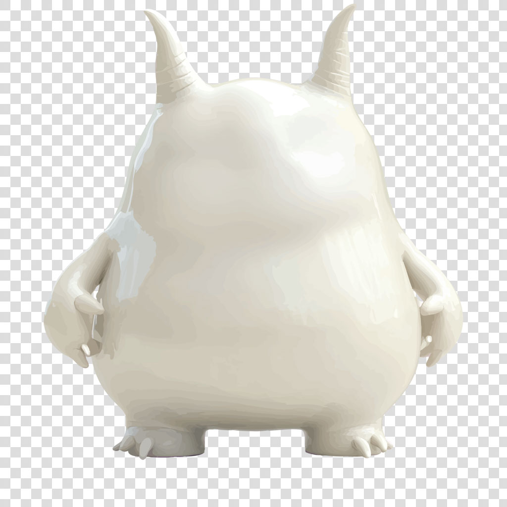 White ceramic monster figurine with horns and a round body