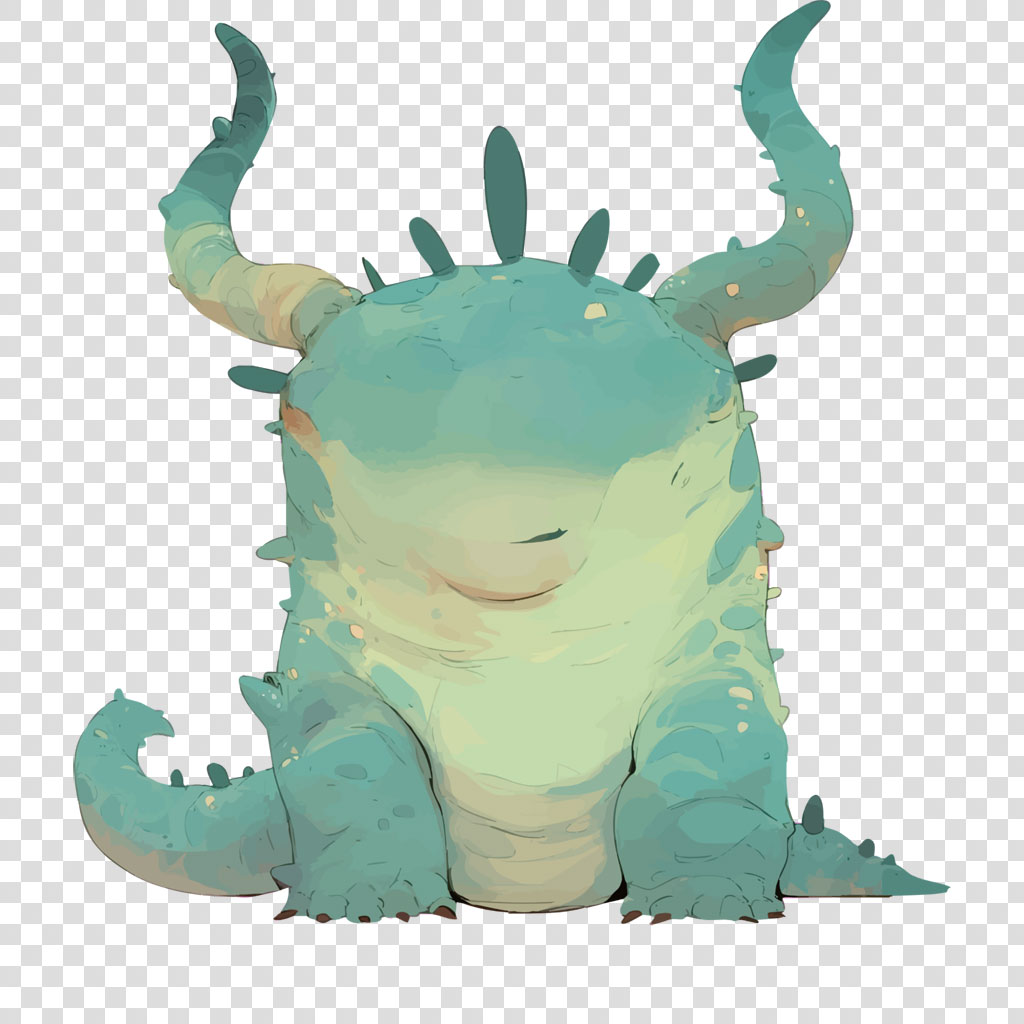 Illustration of a cute teal dragon with horns and a smiling face