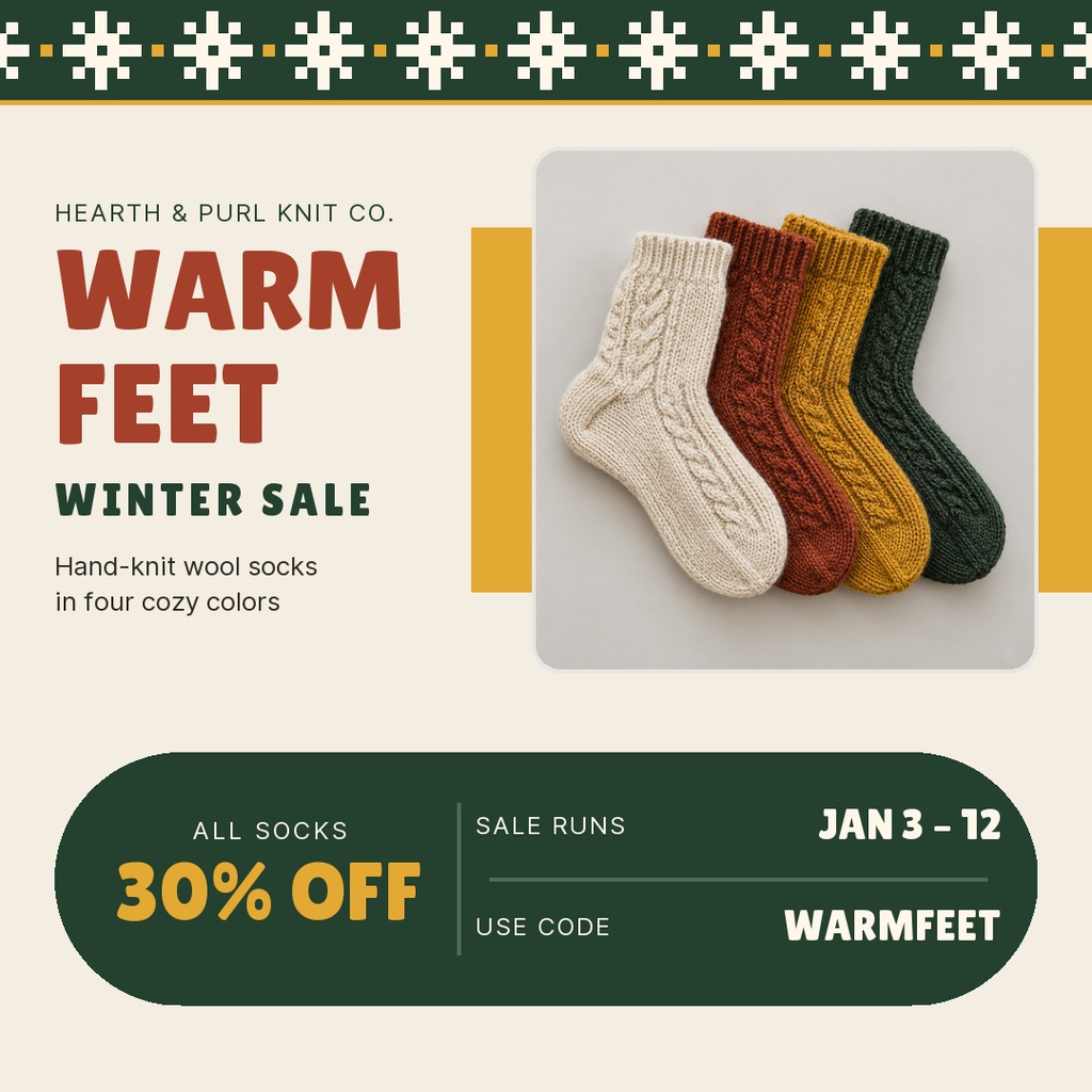 Square winter sale post with knitted socks and bold discount text in green and cream.