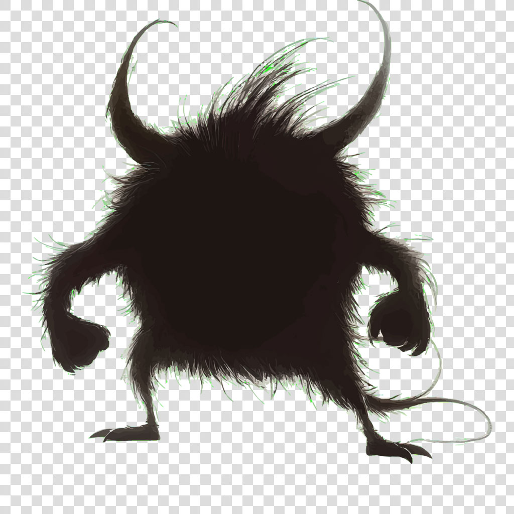 Illustration of a dark, furry creature with horns and a long tail