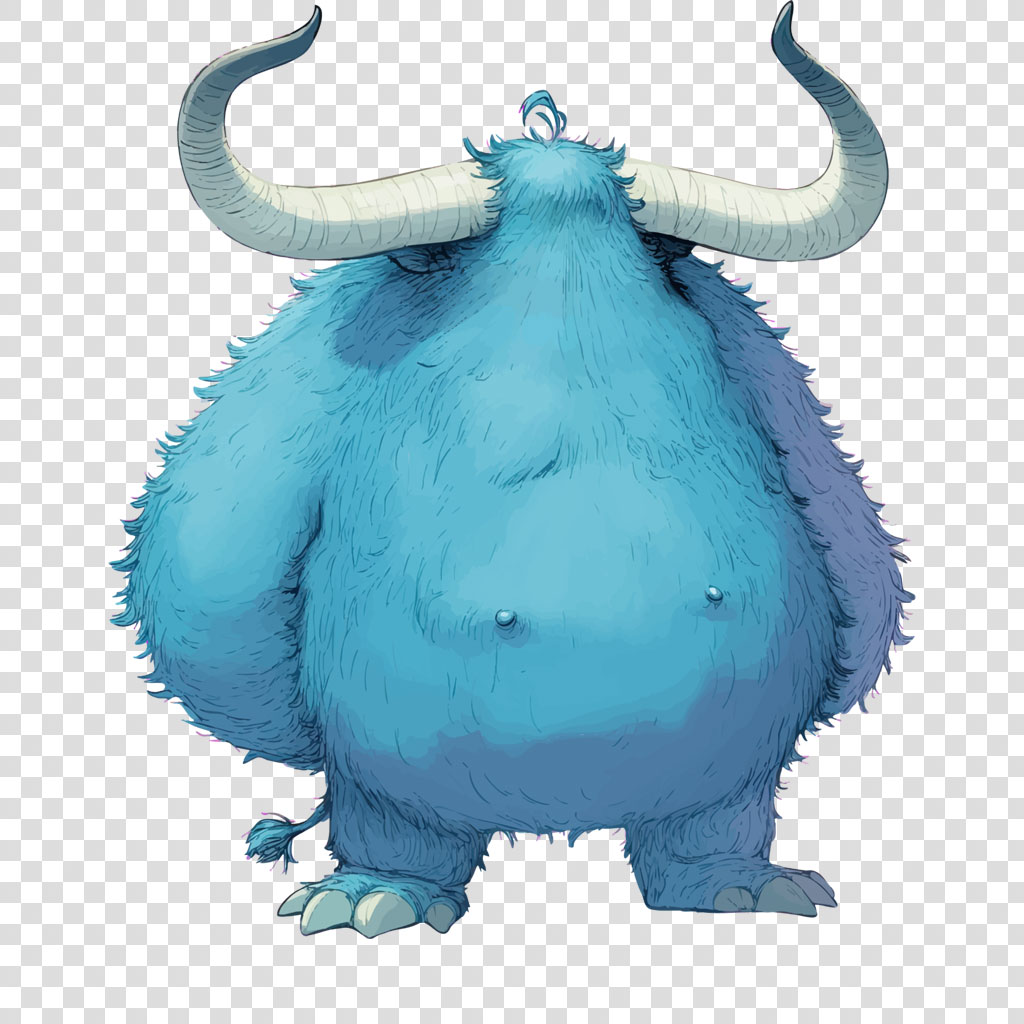A blue furry monster with large horns and a fluffy body.