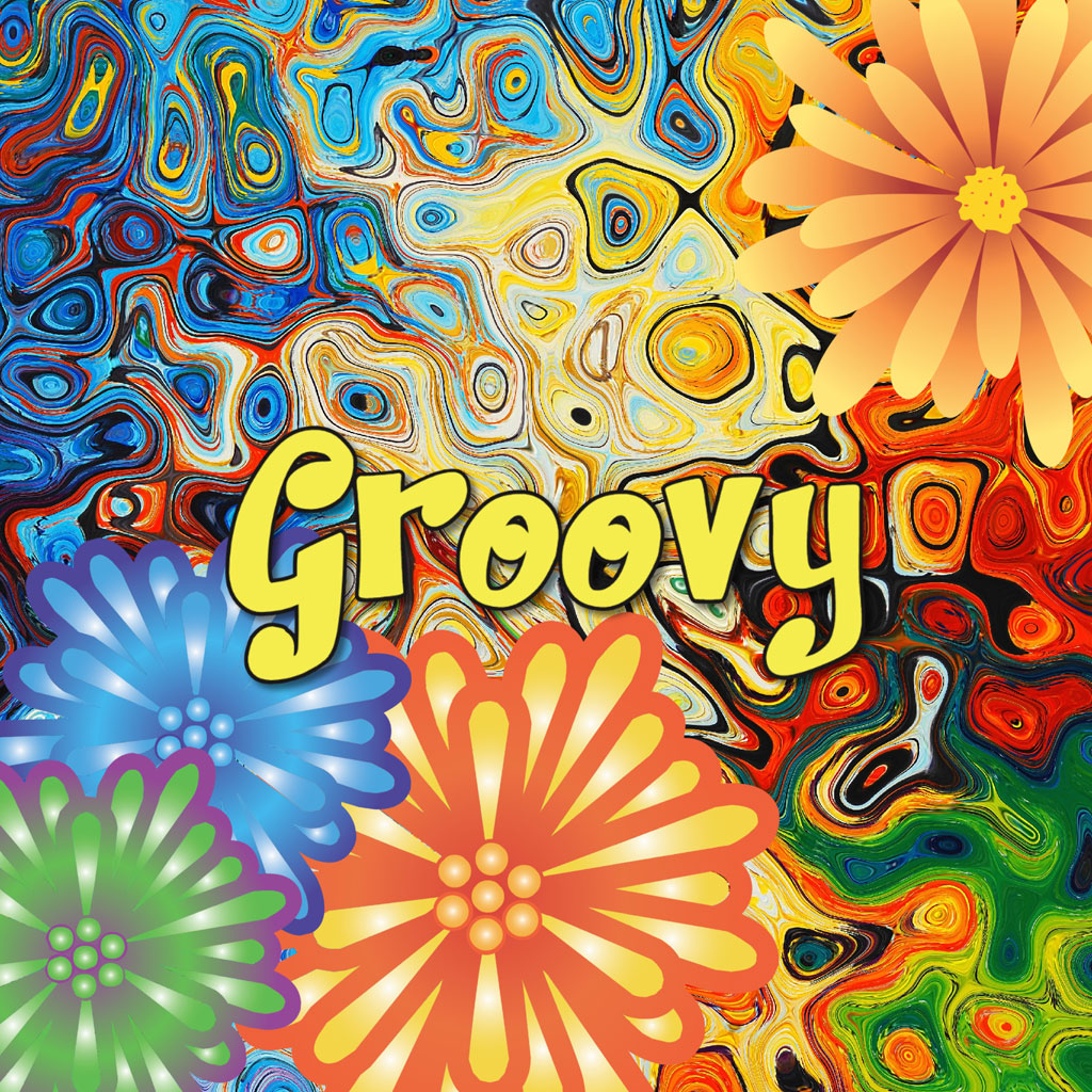 Groovy floral pattern with colorful flowers and psychedelic background