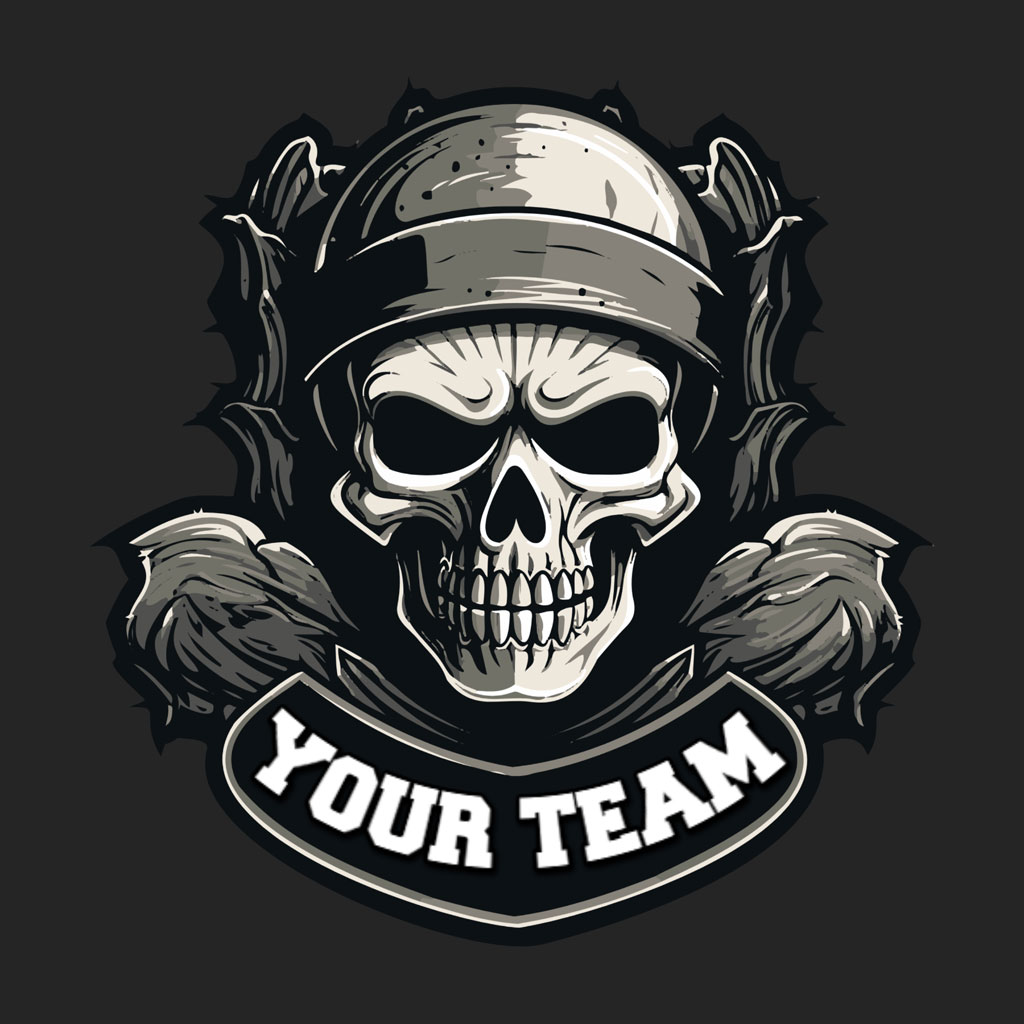 A skull wearing a helmet with wings on the sides and 'YOUR TEAM' written below