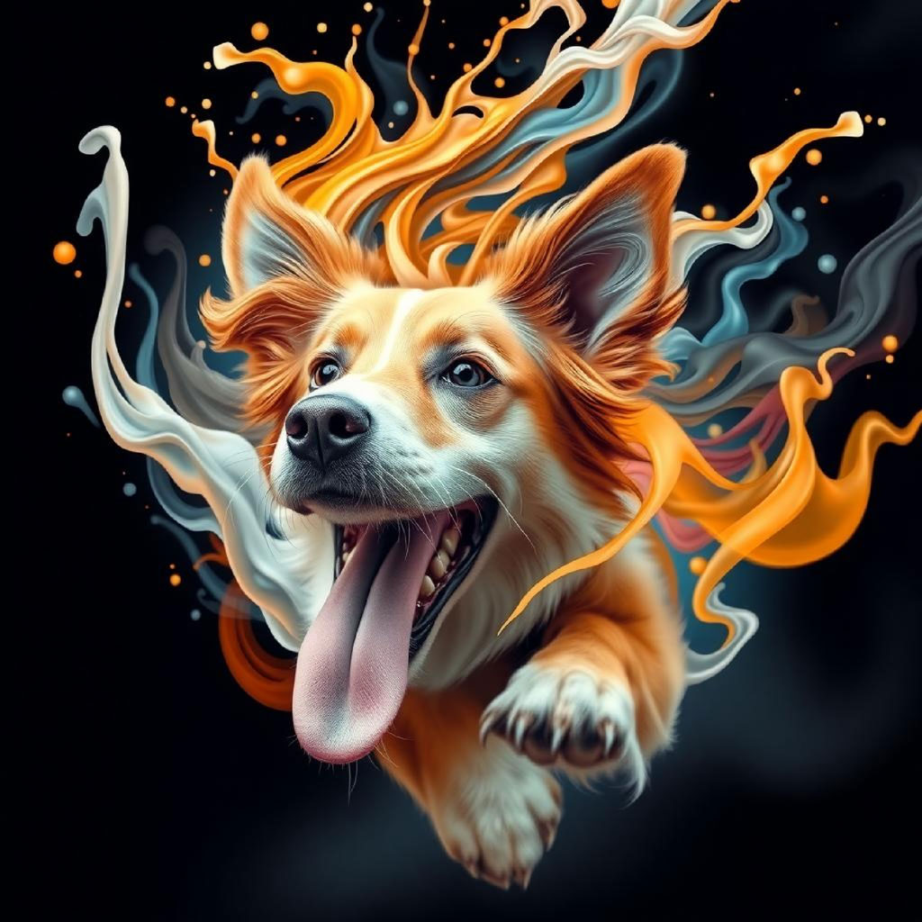 A woman with long black hair in a flowing blue and pink dress amidst swirling colors and petals.