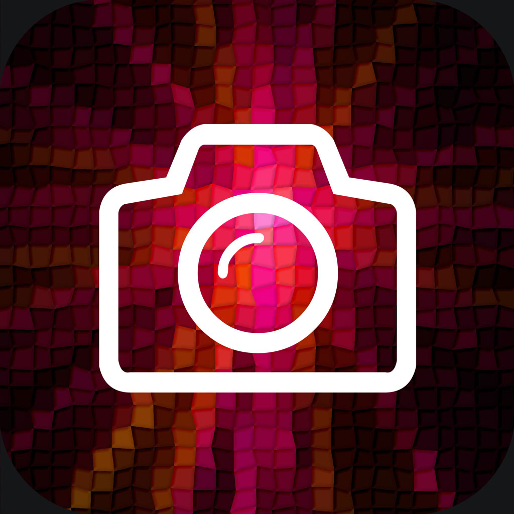 White camera icon on a colorful mosaic background