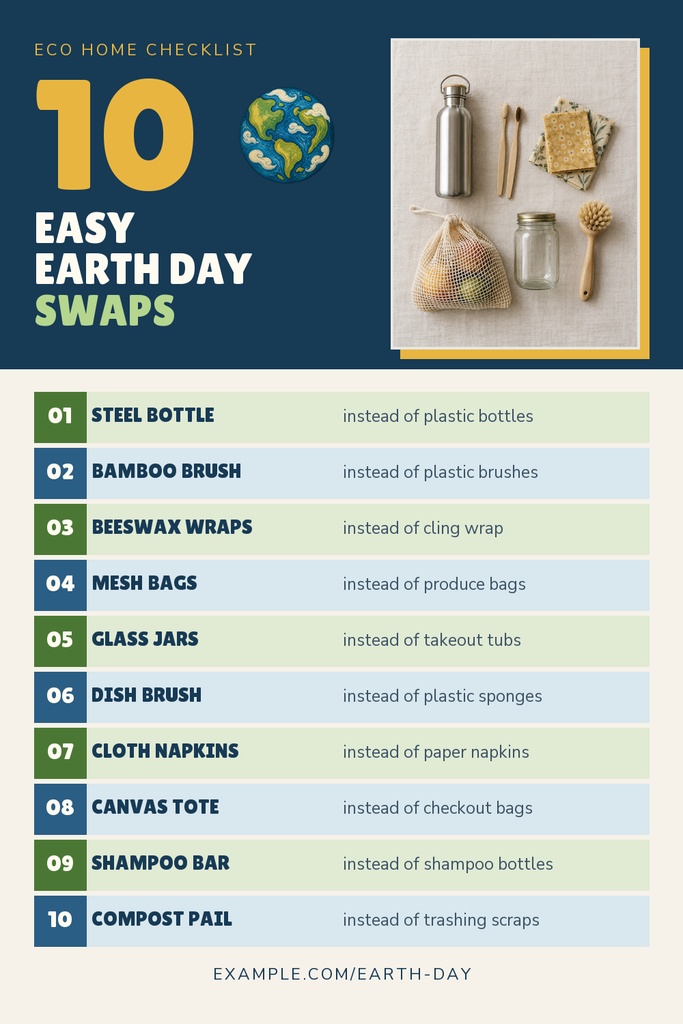 Portrait Pinterest pin template listing 10 easy Earth Day swaps with eco items and a reusable product photo.