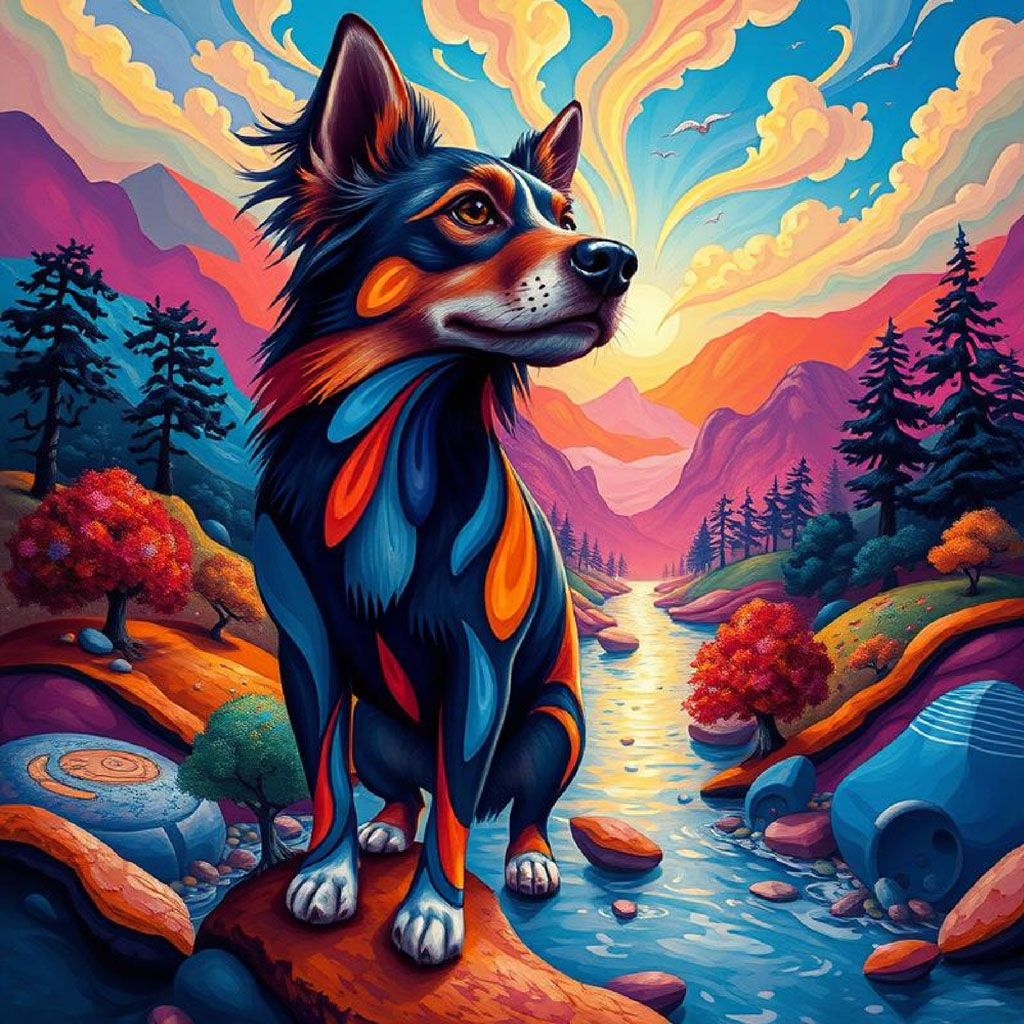 A psychedelic landscape with a winding river and vibrant, swirling clouds.