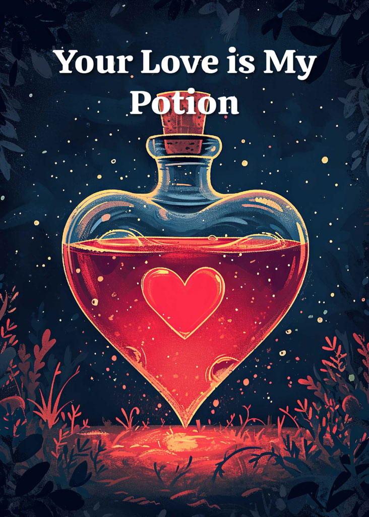 Heart-shaped bottle with red liquid and a heart inside