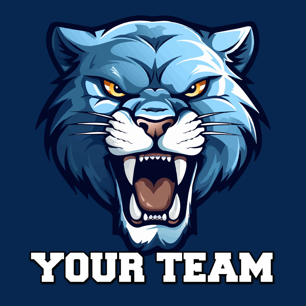 Illustration of a fierce blue panther head with its mouth open, showing sharp teeth.