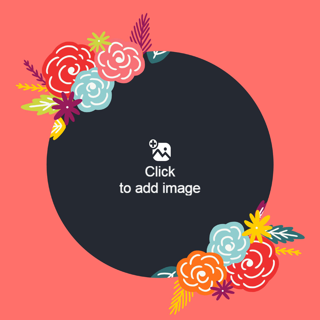 A black circle with floral decorations on a coral background.