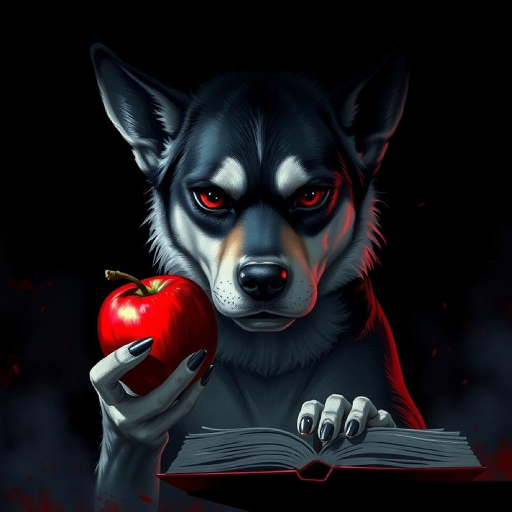 Two anime characters, one holding an open book and the other a bloody apple, in a dark, gothic-inspired setting.