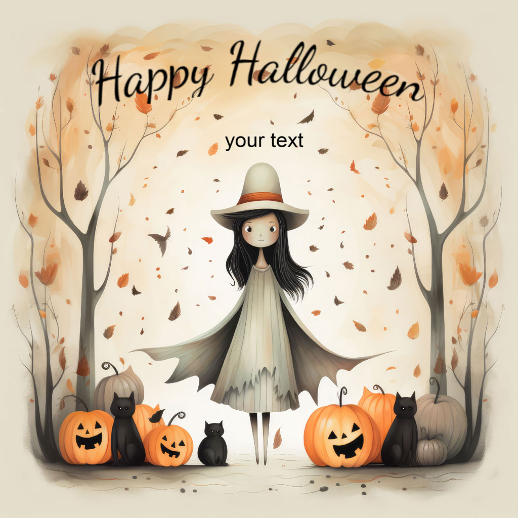 A cartoon witch with a white dress and hat standing among pumpkins and black cats.