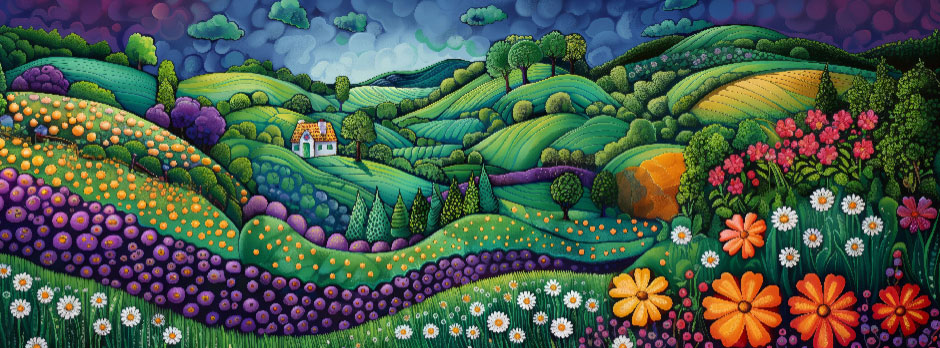 A colorful landscape with rolling hills, flowers, and a house