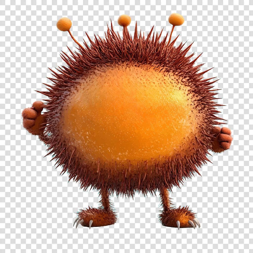 A cartoon creature with a round, orange body covered in brown spikes and three antennae-like structures on its head.