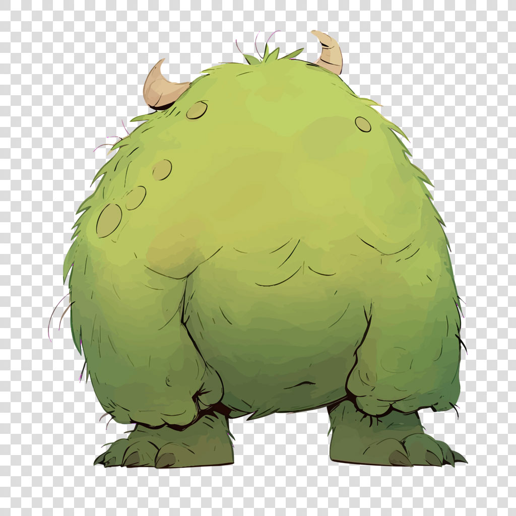 A green cartoon monster with two horns and shaggy fur, viewed from the back.
