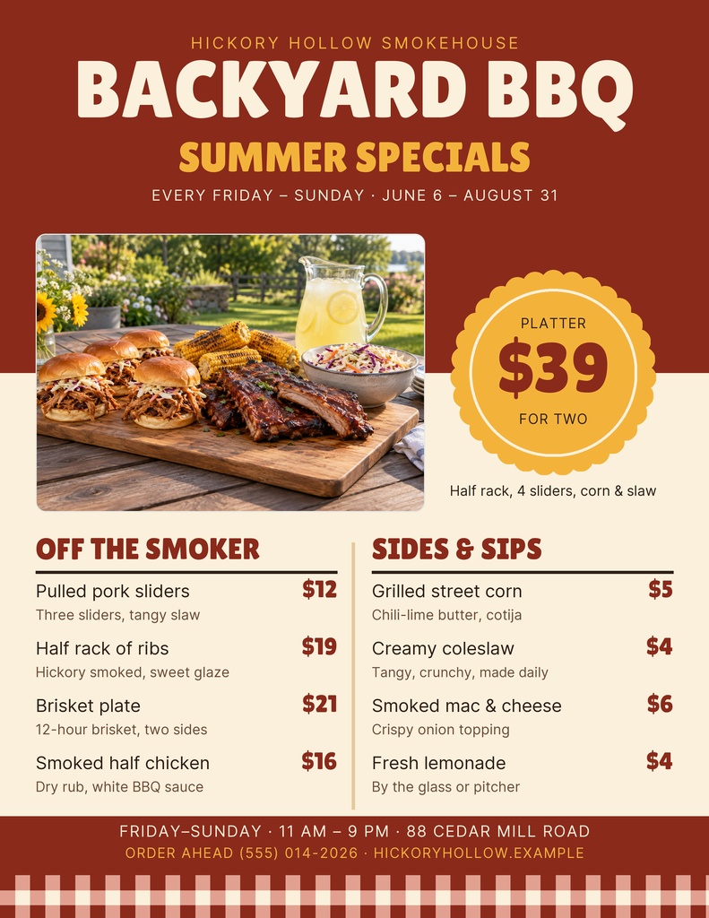Preview for Backyard Bbq Specials Letter Menu / Price List Template