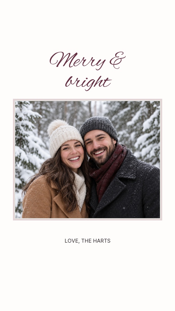 Couple smiling in winter hats beside the words Merry & Bright on a clean story layout.