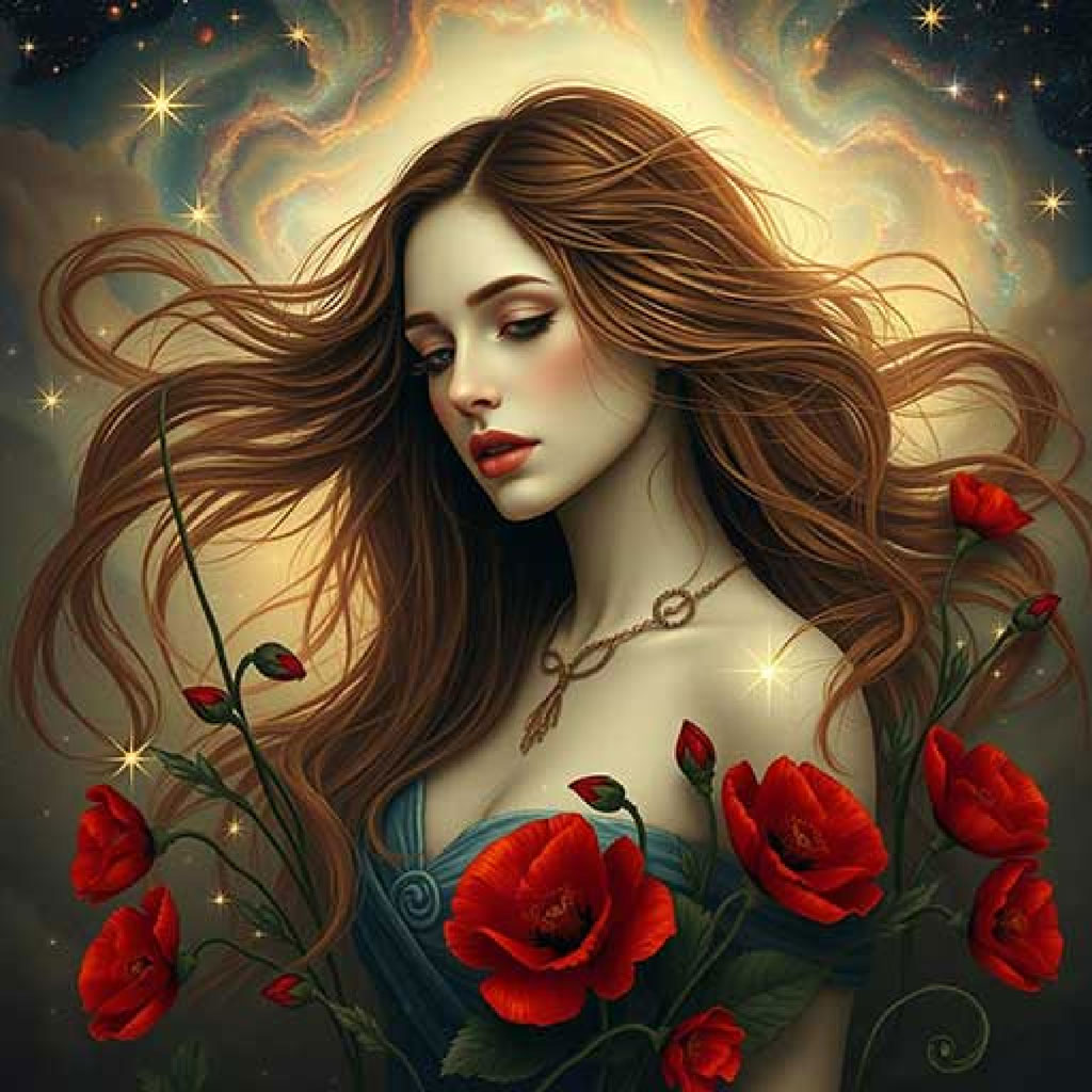 A woman with long brown hair and red lips surrounded by red roses and stars