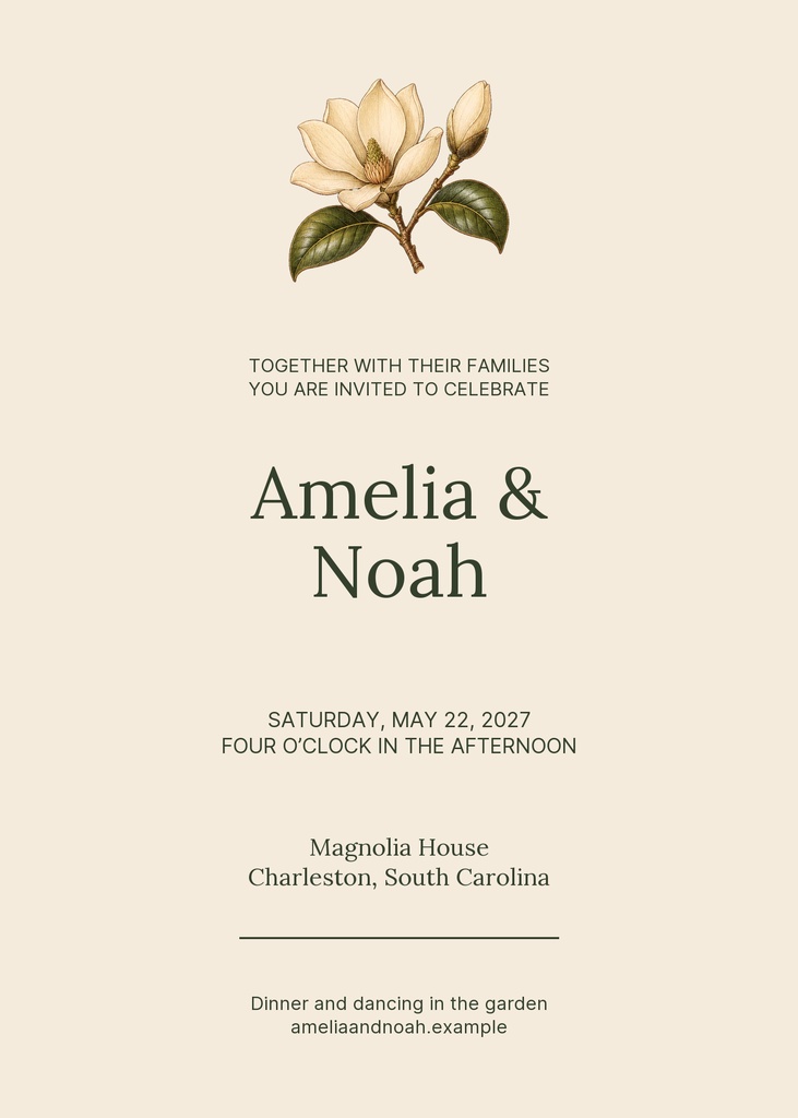 Portrait wedding invitation with magnolia flower artwork and centered serif text on a cream background.