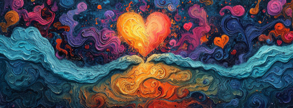 A vibrant, orange heart surrounded by swirling blue, purple, and pink hues.