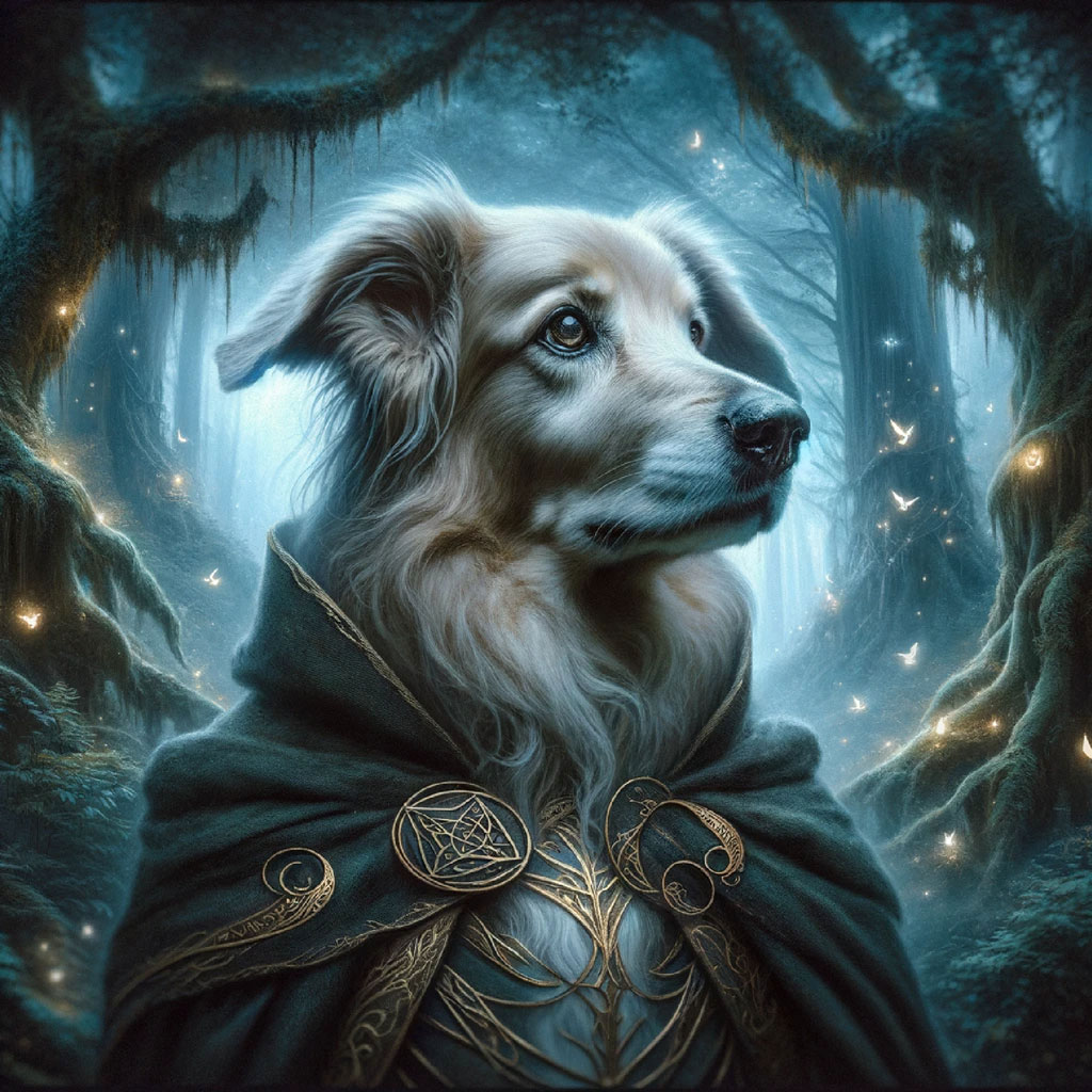 A dog with a cloak and ornate brooch stands in a mystical forest.