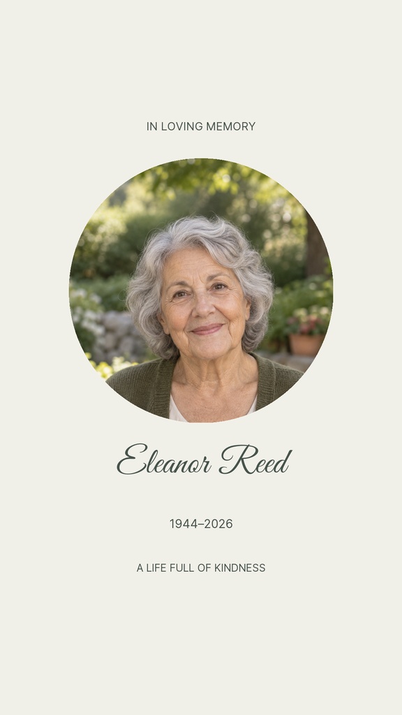 Minimal memorial story template with a circular portrait, name, dates, and in loving memory text.