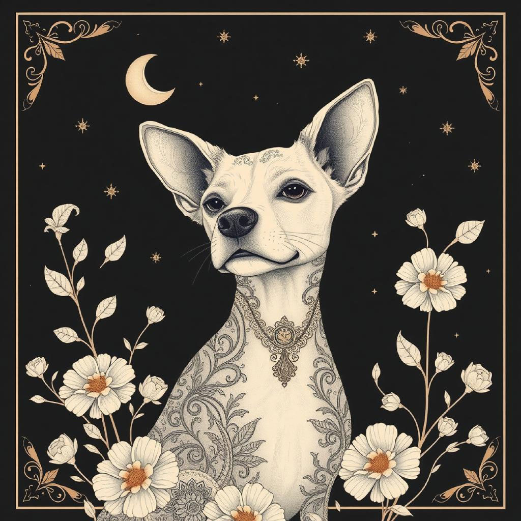 Illustration of a woman with long flowing black hair and a floral hairpiece, featuring a tattoo on her shoulder.