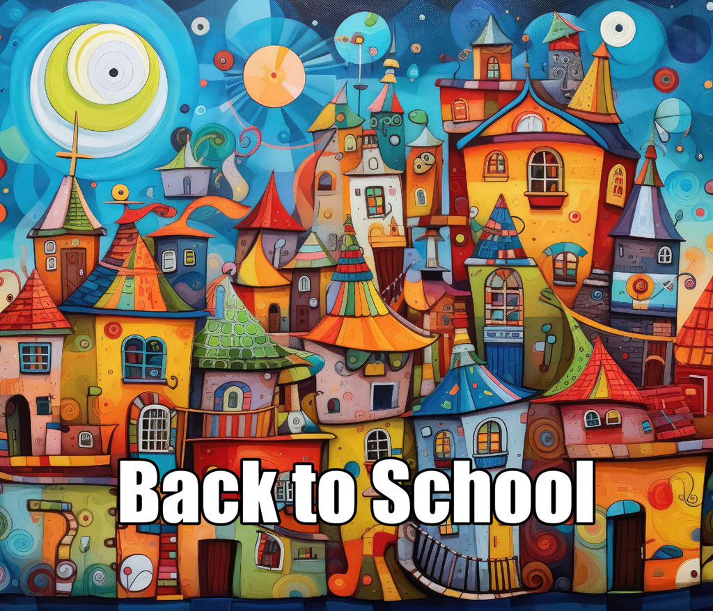 Vibrant illustration of a whimsical town with the text 'Back to School'