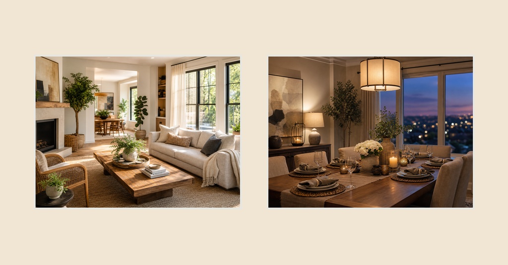 Two cozy interior photos of a living room and dining room on a beige background