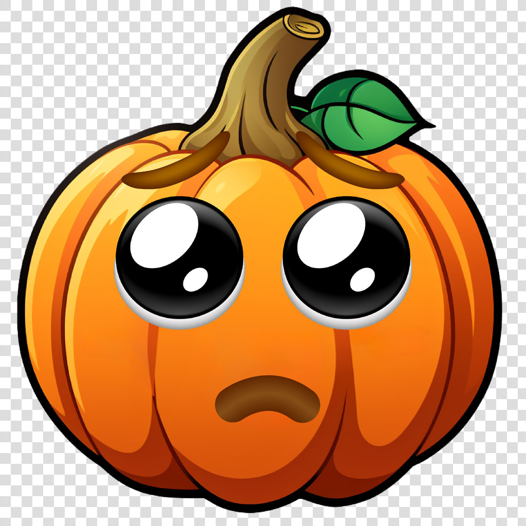 A surprised cartoon pumpkin with large eyes and a green leaf