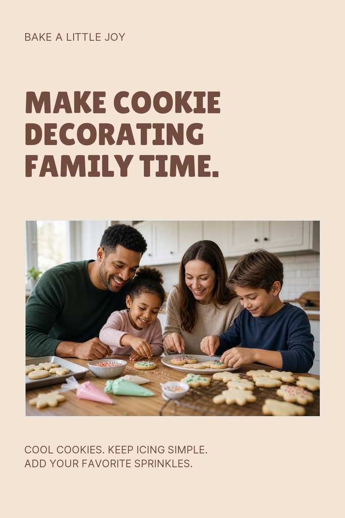 Family decorating cookies together at a kitchen table with a Pinterest pin layout and baking text.