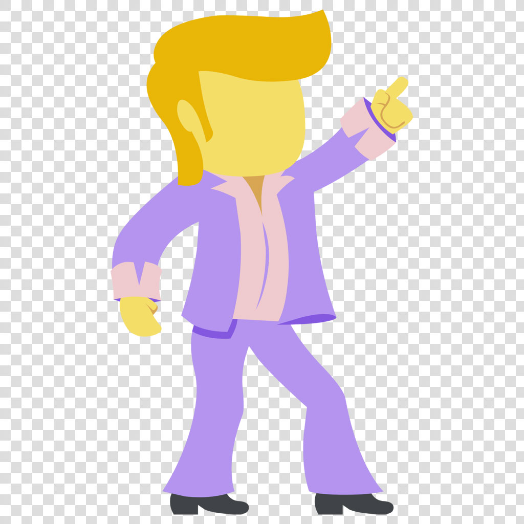 Cartoon man with blonde hair wearing a purple suit and dancing.